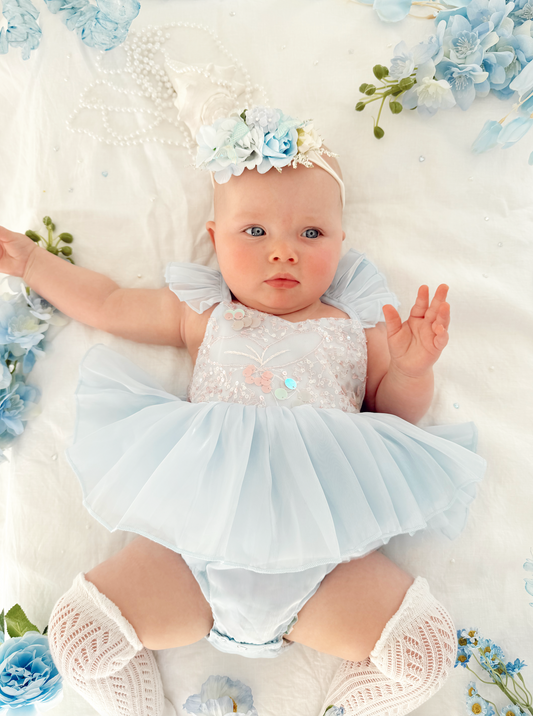 Ariel Ocean Blue Organza Sequin Baby Girl Party Romper