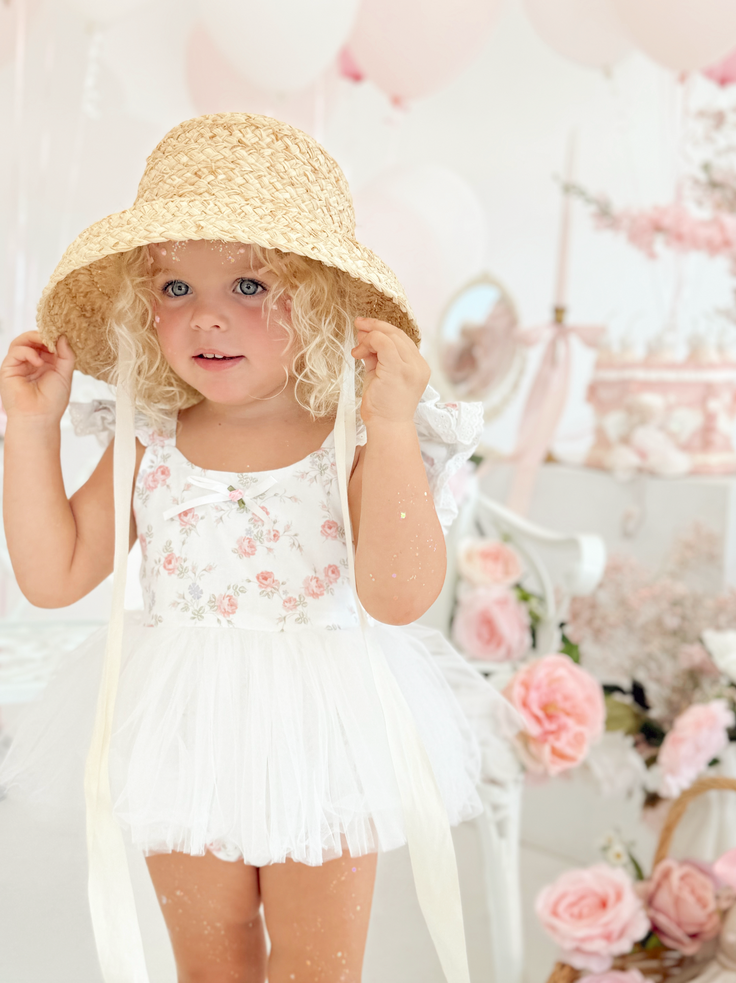 Cottage Fairy Baby Girl Floral White Tulle Party Romper