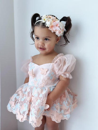 Butterfly Kisses Peach Rose Baby Girl Embroidered Tulle Party Romper