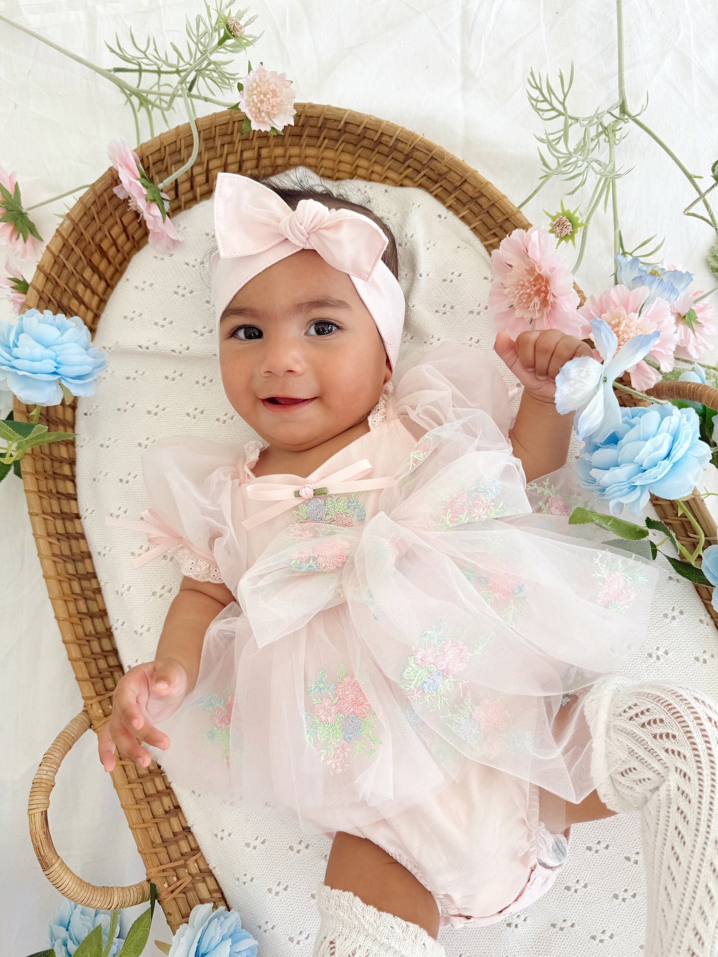 Peony Bloom Petal Pink Embroidered Baby Girl Tulle Party Romper