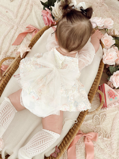 Josephine Lace Blossom Baby Girl Sequin White Tulle Party Romper
