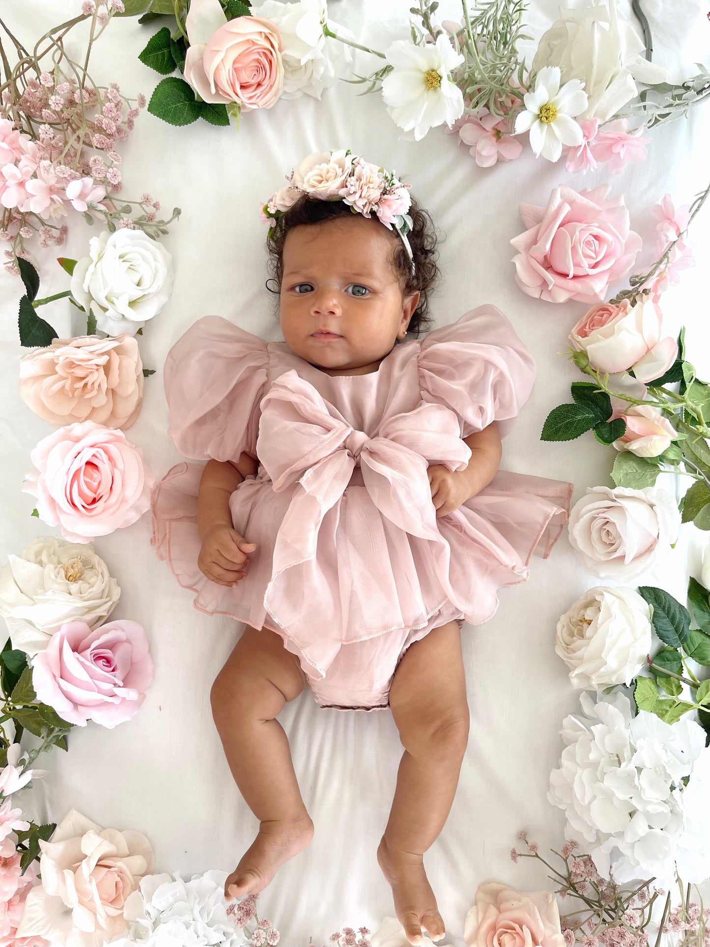 Clementine Matte Blush Rose Pink Organza Baby Girl Romper