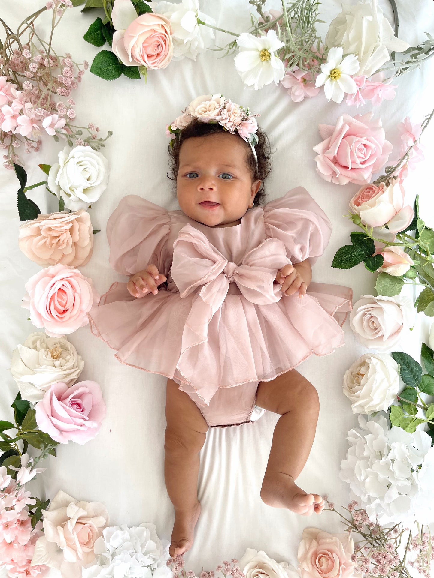 Clementine Matte Blush Rose Pink Organza Baby Girl Romper