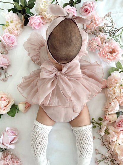 Clementine Matte Blush Rose Pink Organza Baby Girl Romper