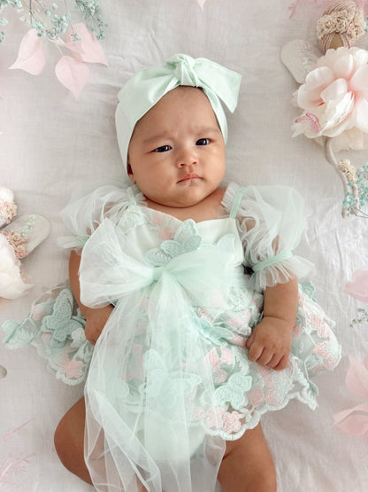 Butterfly Kisses Peppermint Pink Embroidered Baby Girl Tulle Party Romper