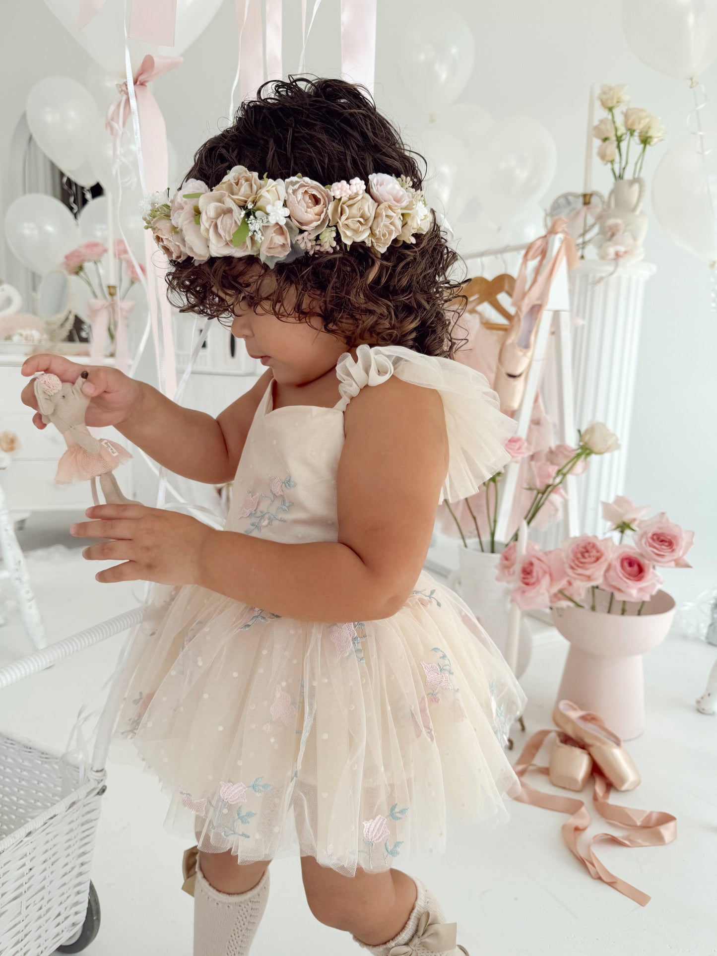 The Rose Champagne Embroidered Baby Girl Tulle Party Romper