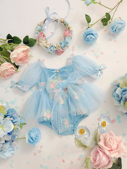 Afina Blue Embroidered Baby Girl Tulle Party Romper