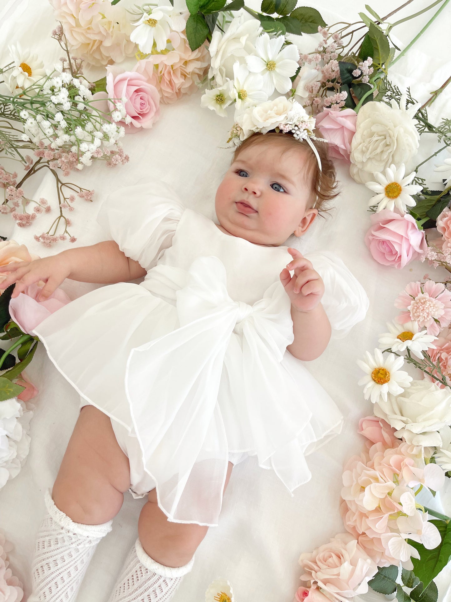 Clementine Matte White Organza Baby Girl Romper