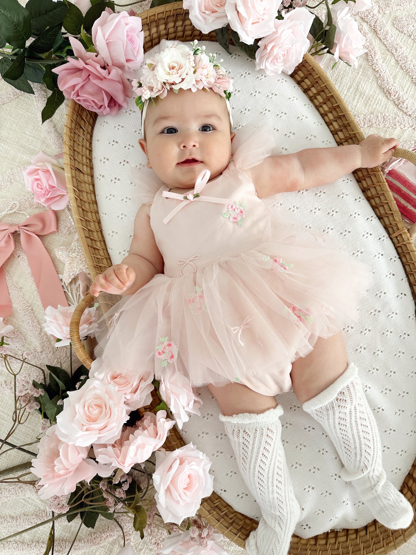 Belle Bow Perfect Pink Embroidered Baby Girl Tulle Party Romper