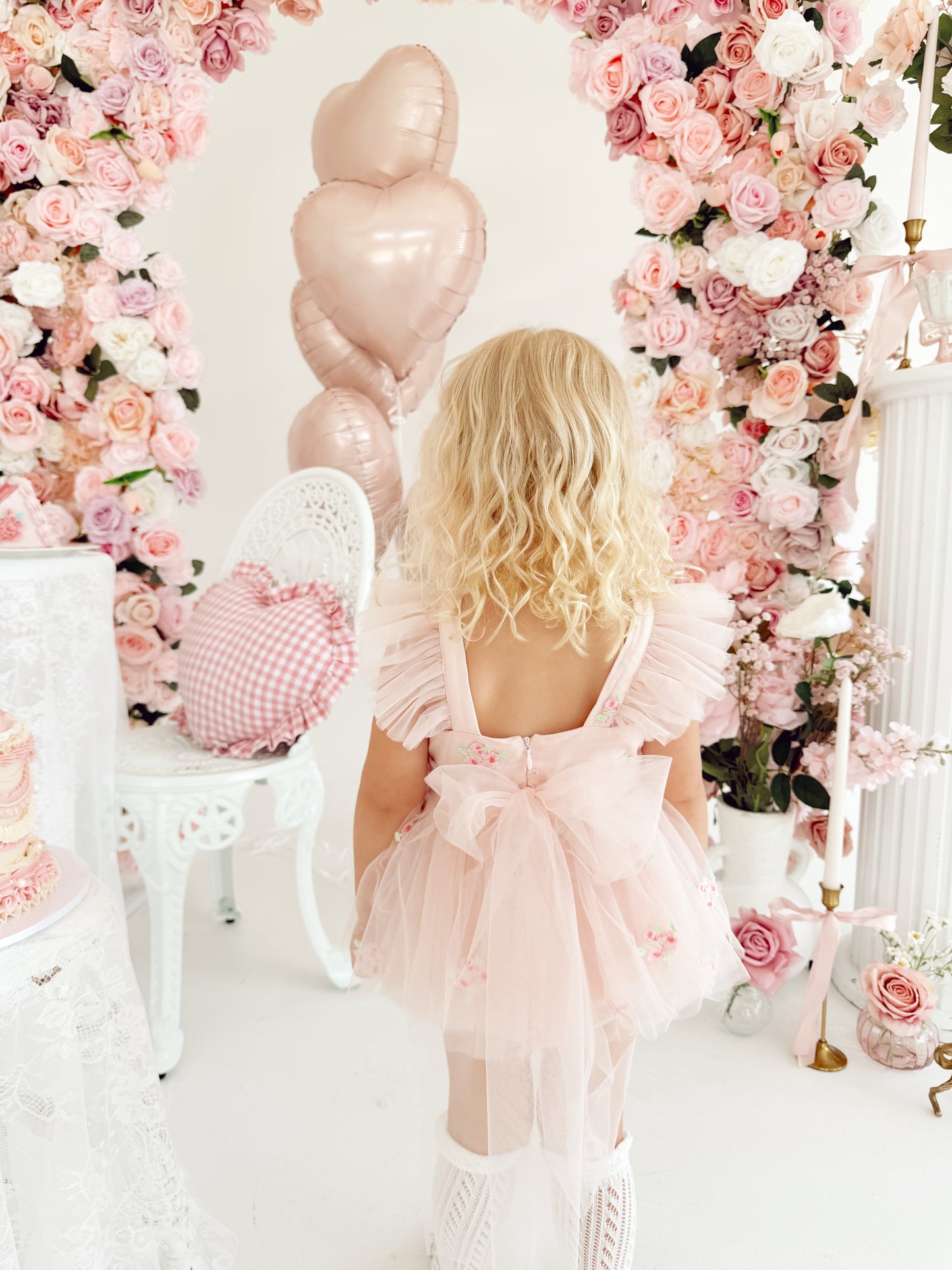 Belle Bow Perfect Pink Embroidered Baby Girl Tulle Party Romper