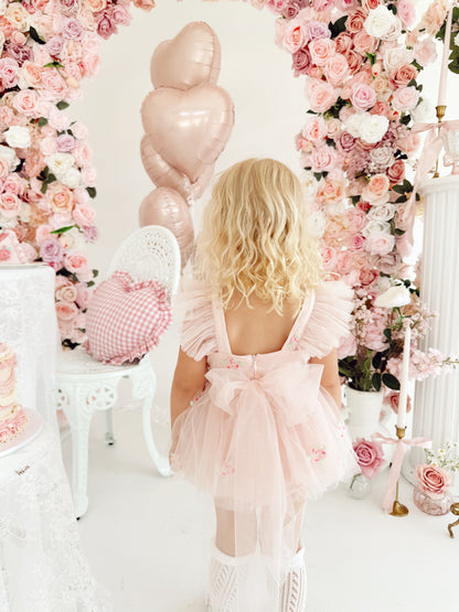 Belle Bow Perfect Pink Embroidered Baby Girl Tulle Party Romper