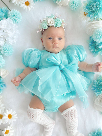 Dolly Turquoise Sky Organza Baby Girl Blue Party Romper