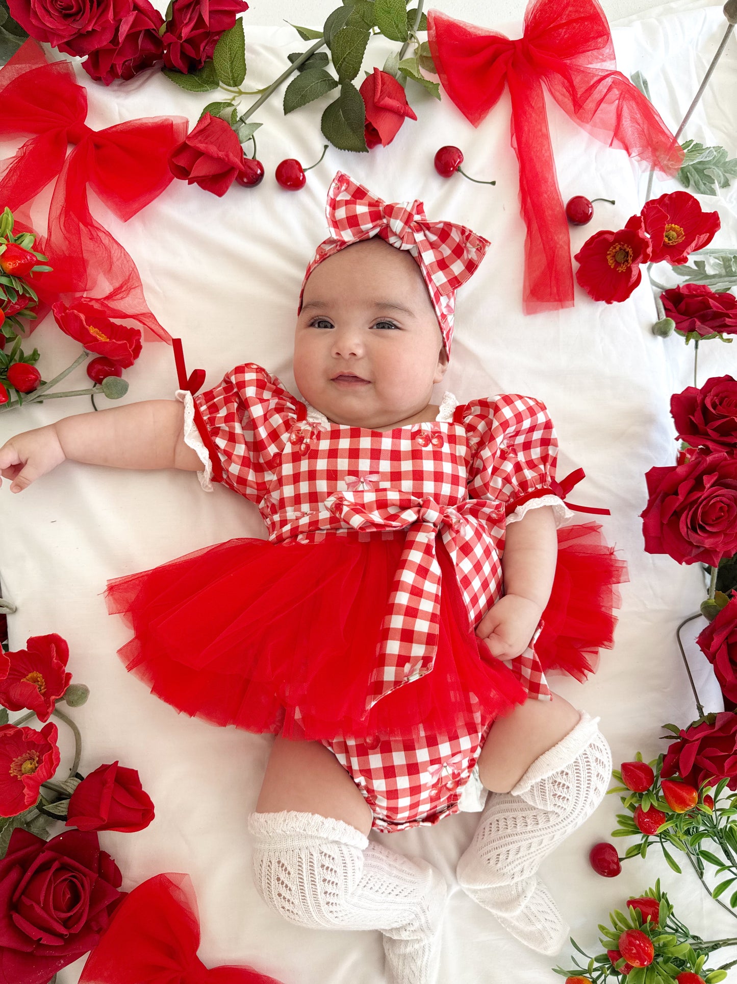 Cherry Lane Red Gingham Baby Girl Tulle Party Romper