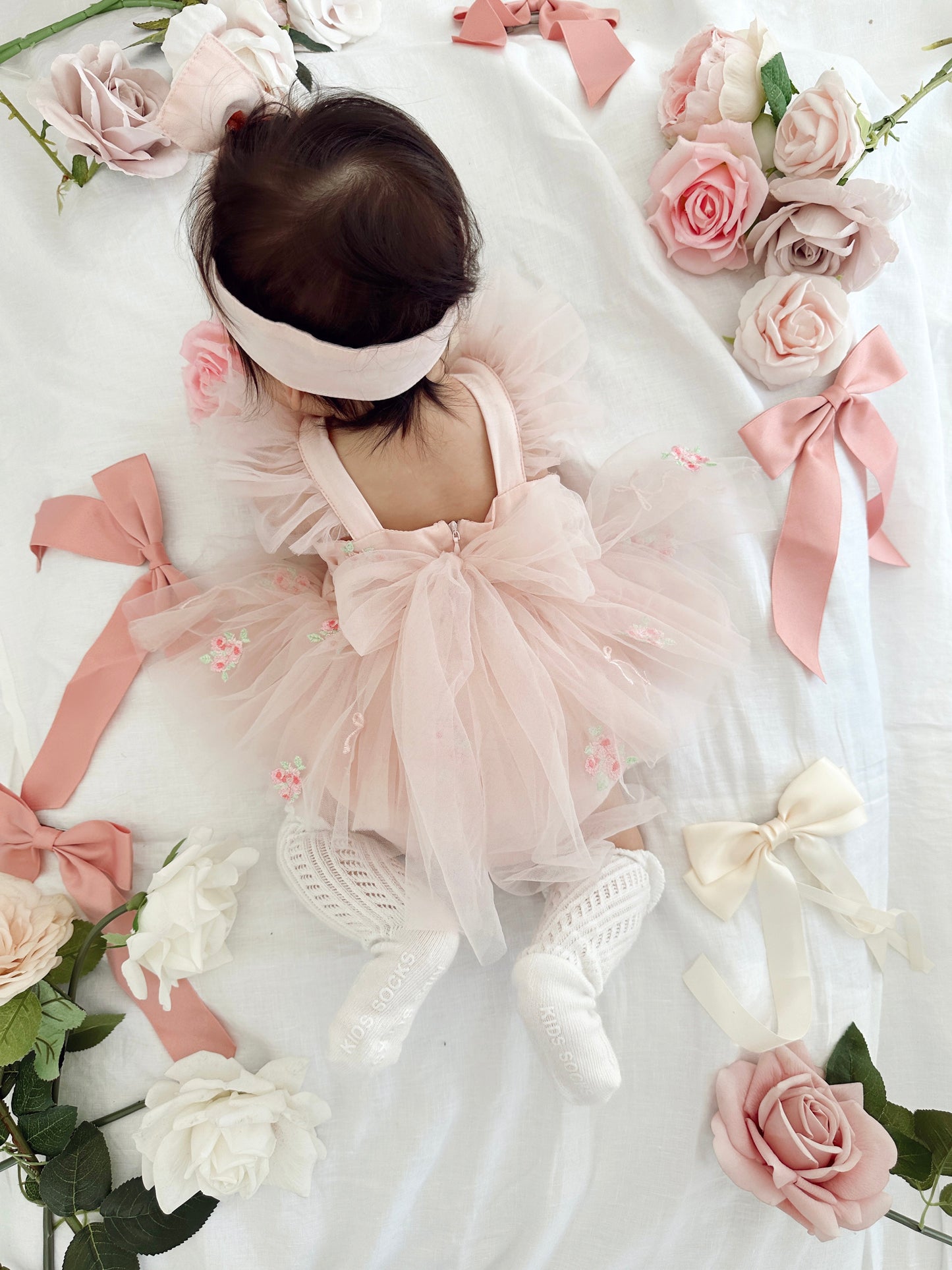 Belle Bow Perfect Pink Embroidered Baby Girl Tulle Party Romper