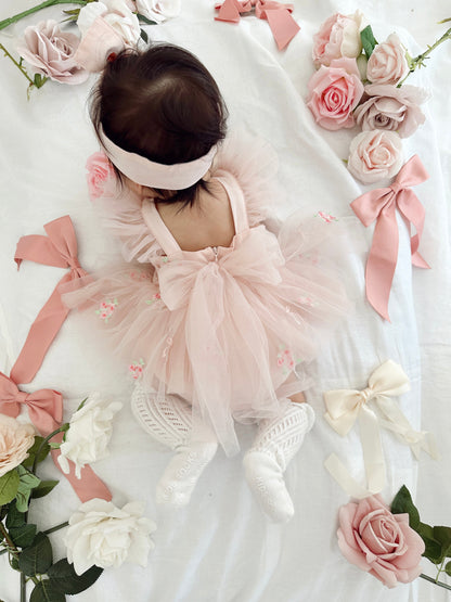 Belle Bow Perfect Pink Embroidered Baby Girl Tulle Party Romper