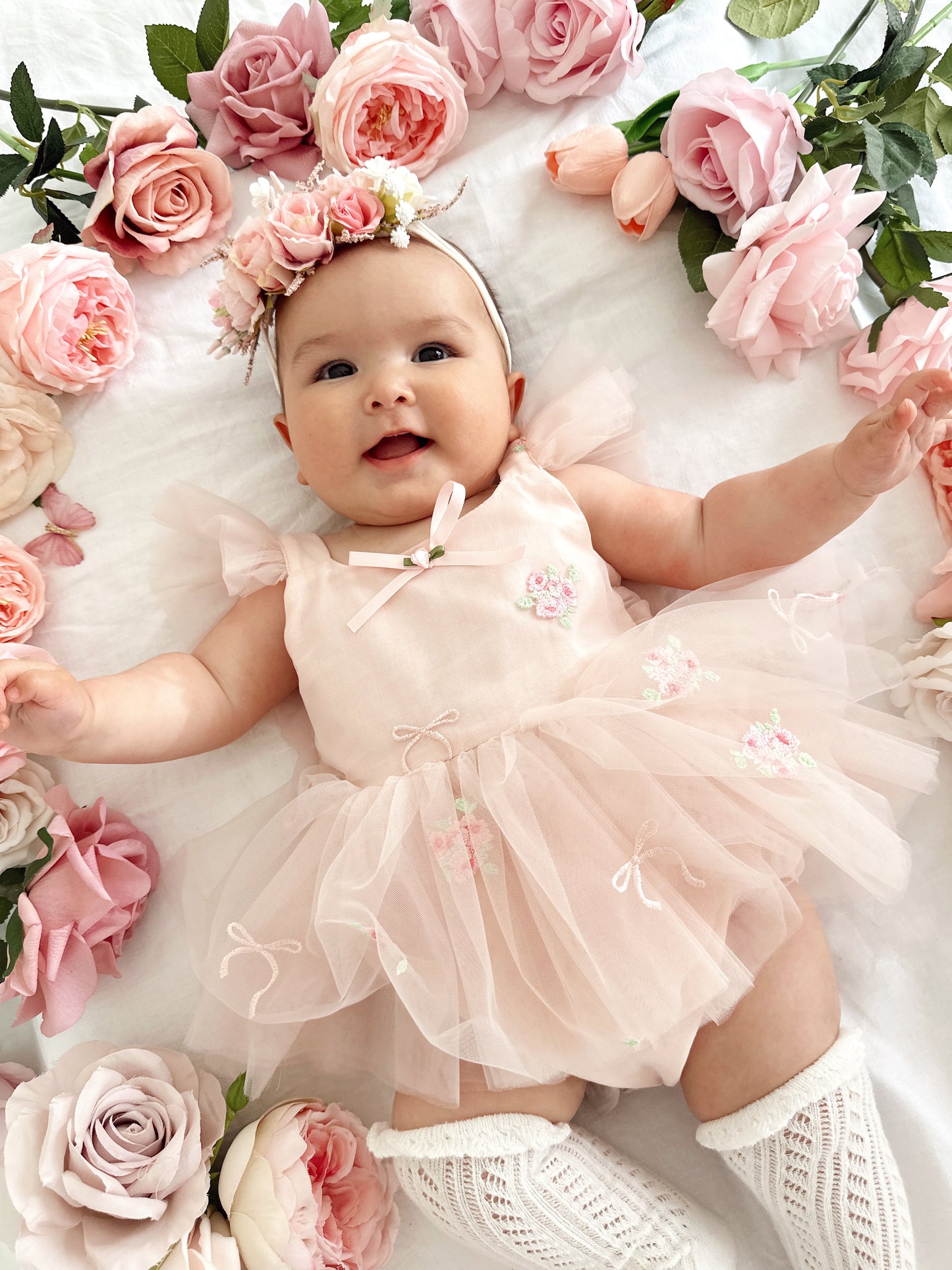 Belle Bow Perfect Pink Embroidered Baby Girl Tulle Party Romper