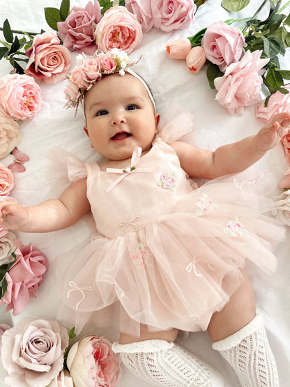 Belle Bow Perfect Pink Embroidered Baby Girl Tulle Party Romper