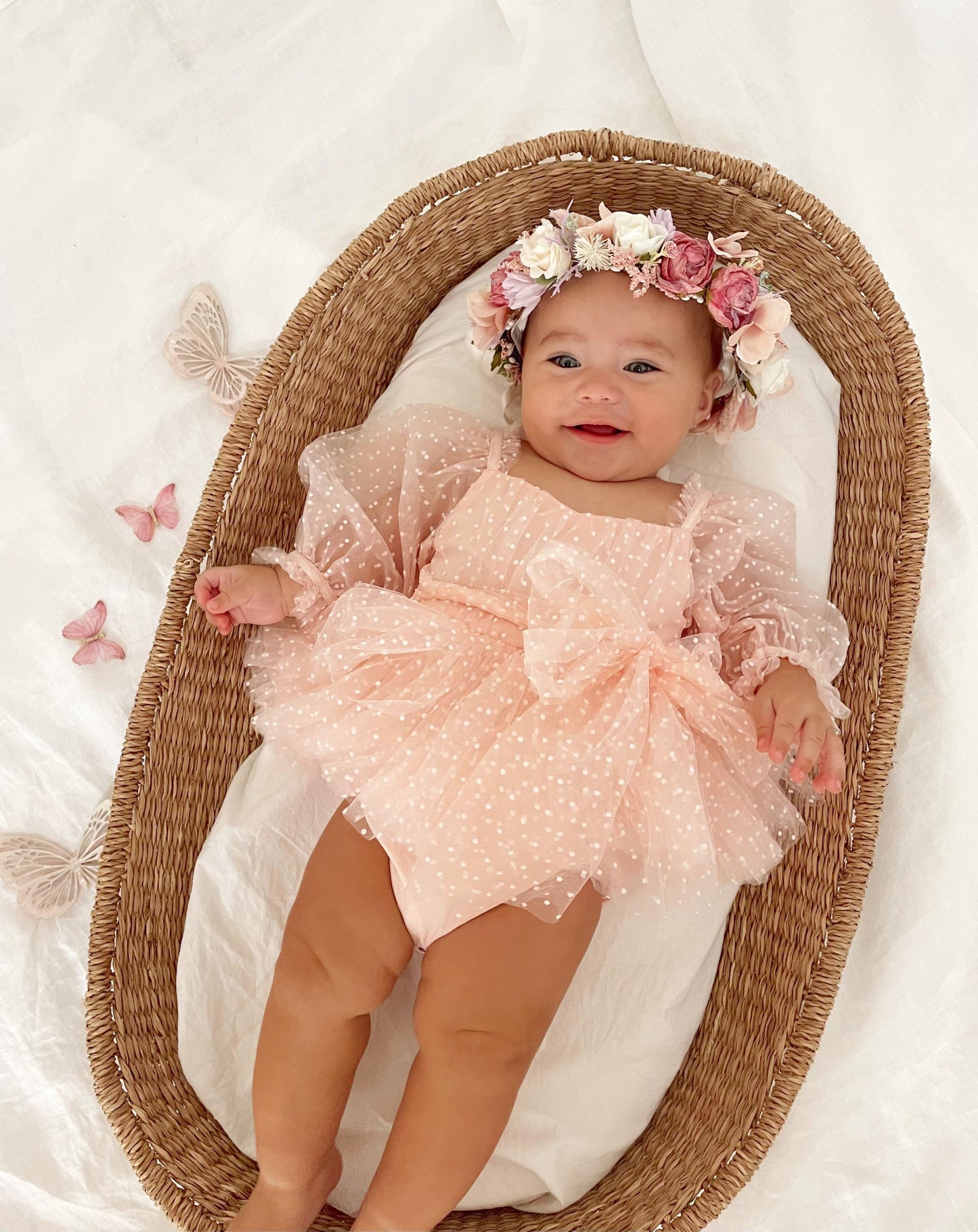 Swiss Dot Bloom Pink Rose Baby Girl Tulle Party Romper