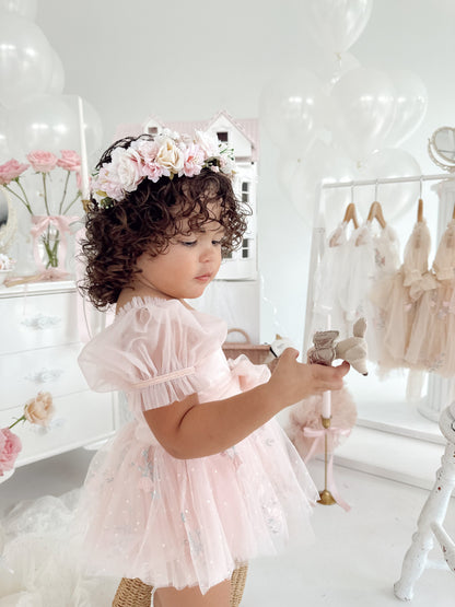 Swan Lake Ballerina Pink Embroidered Baby Girl Tulle Party Romper