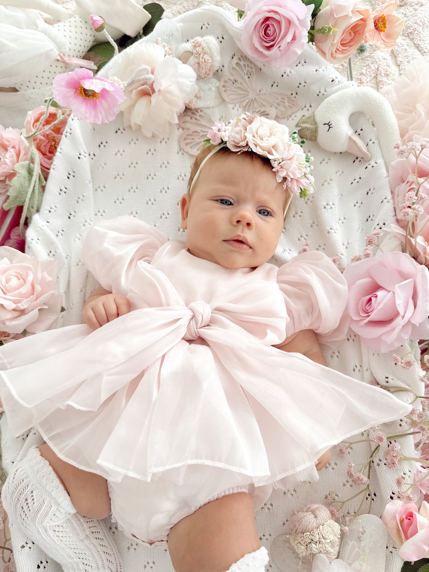 Scarlette Rose Petal Pink Organza Baby Girl Party Romper