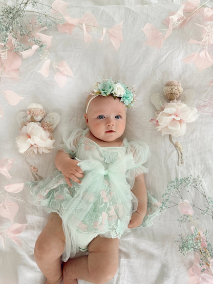 Butterfly Kisses Peppermint Pink Embroidered Baby Girl Tulle Party Romper