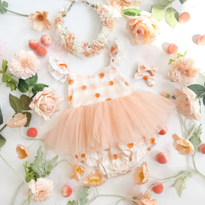 Peach Sorbet Gingham Baby Girl Tulle Party Romper