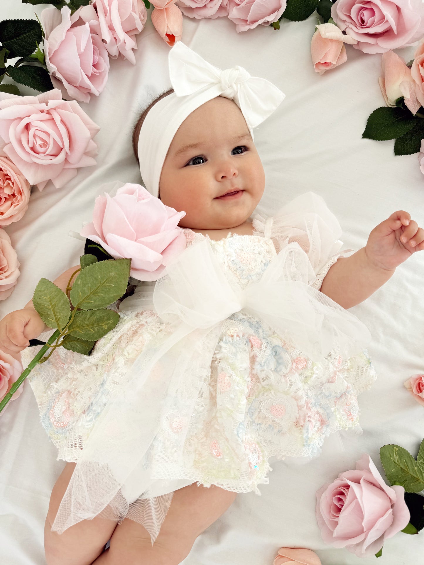 Josephine Lace Blossom Baby Girl Sequin White Tulle Party Romper
