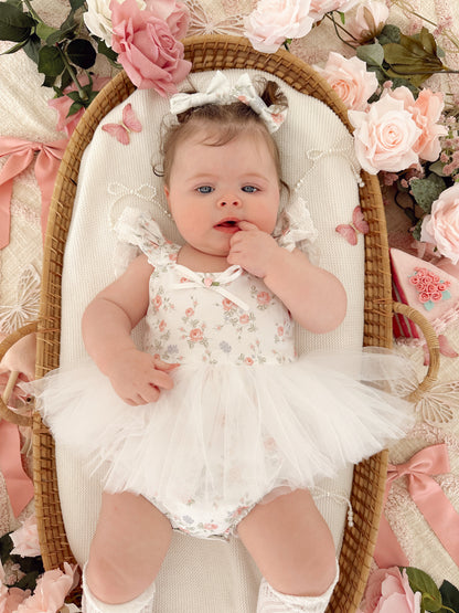 Cottage Fairy Baby Girl Floral White Tulle Party Romper