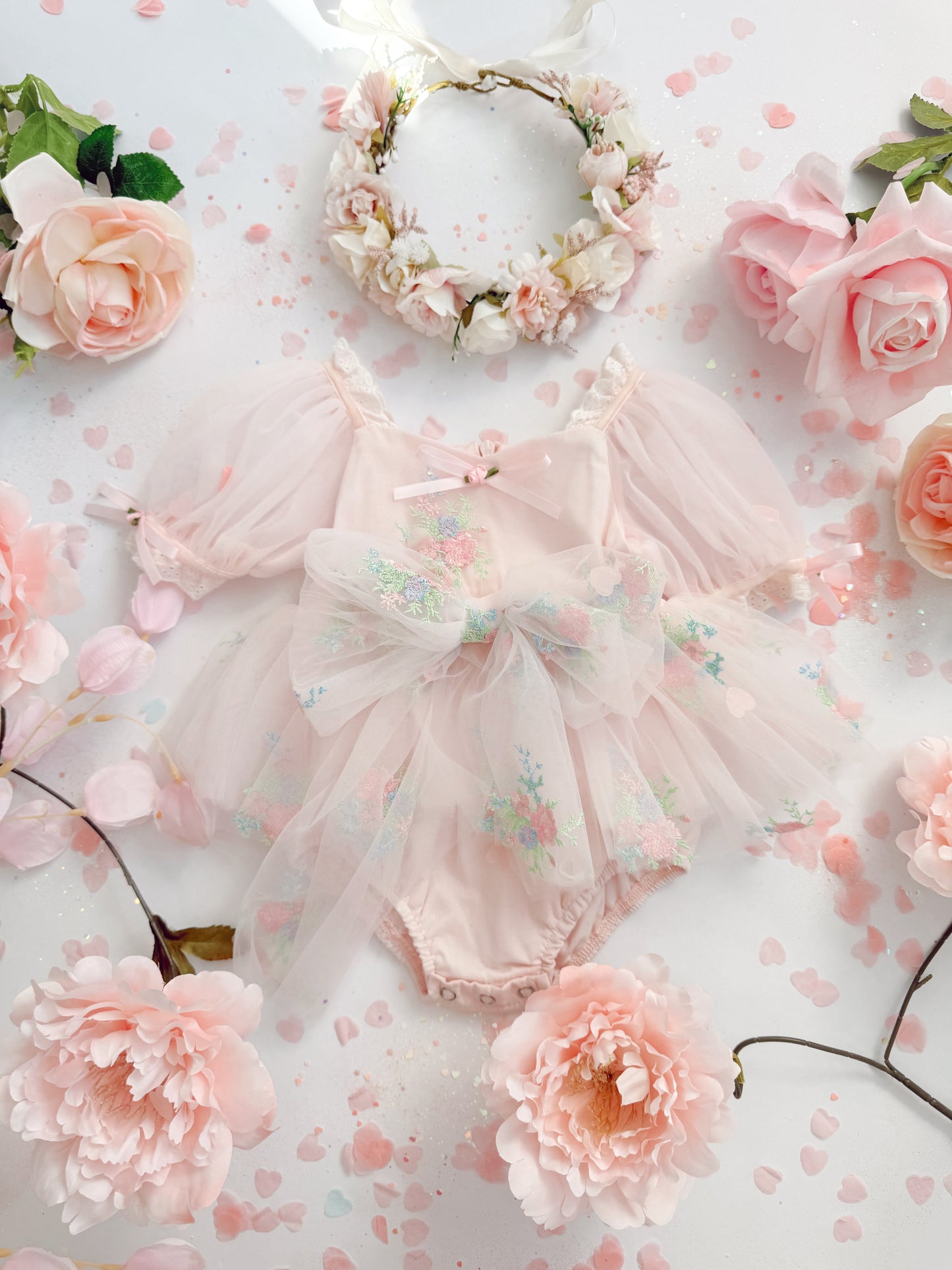 Peony Bloom Petal Pink Embroidered Baby Girl Tulle Party Romper