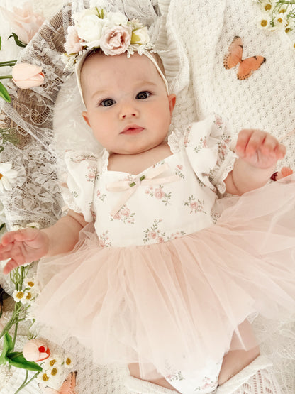 Odessa Flower Perfect Pink Floral Baby Girl Tulle Party Romper