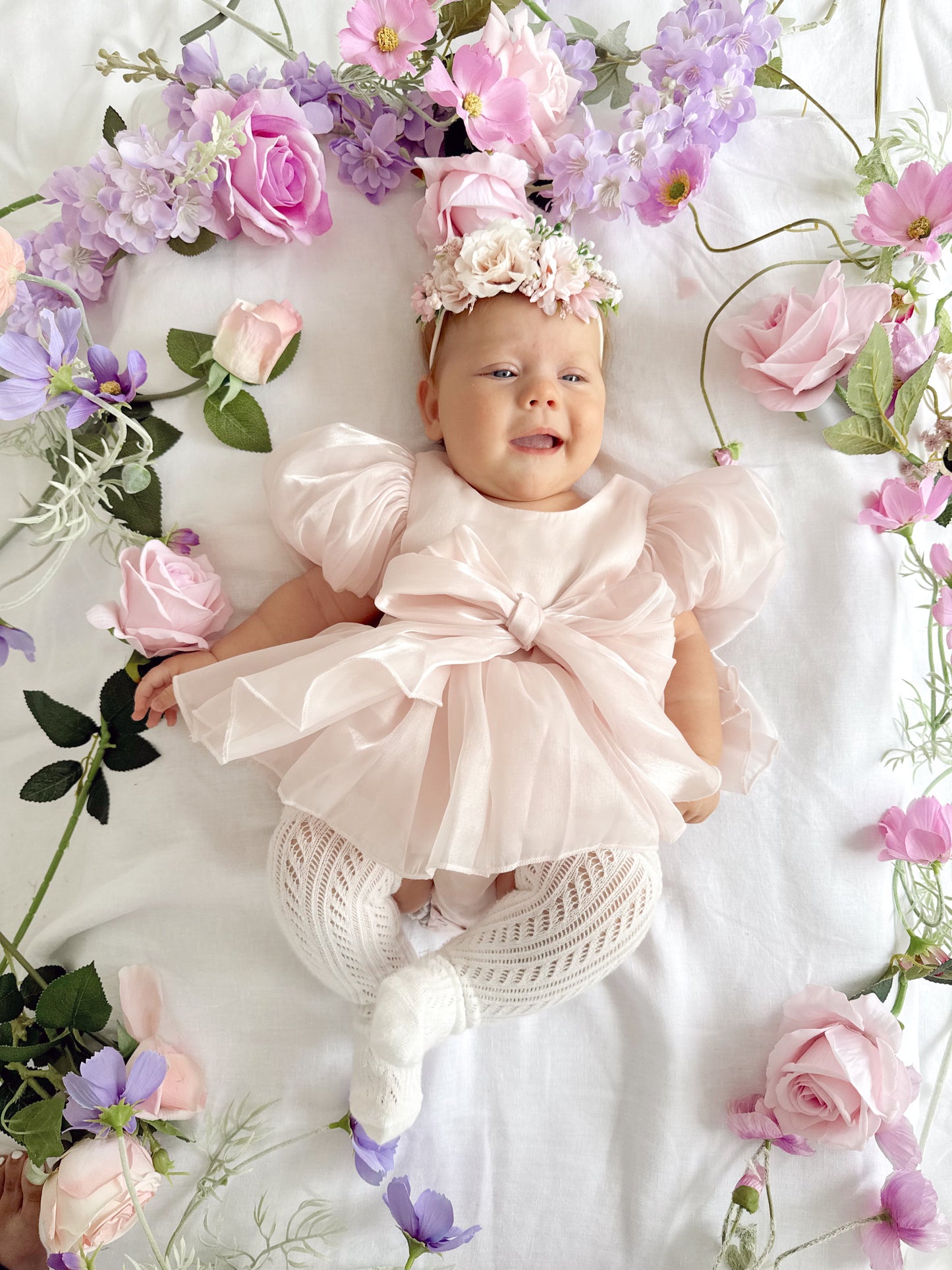 Scarlette Rose Petal Pink Organza Baby Girl Party Romper