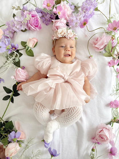Scarlette Rose Petal Pink Organza Baby Girl Party Romper