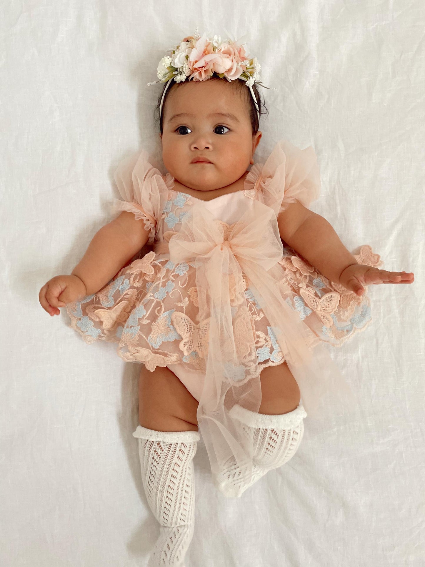 Butterfly Kisses Peach Rose Baby Girl Embroidered Tulle Party Romper