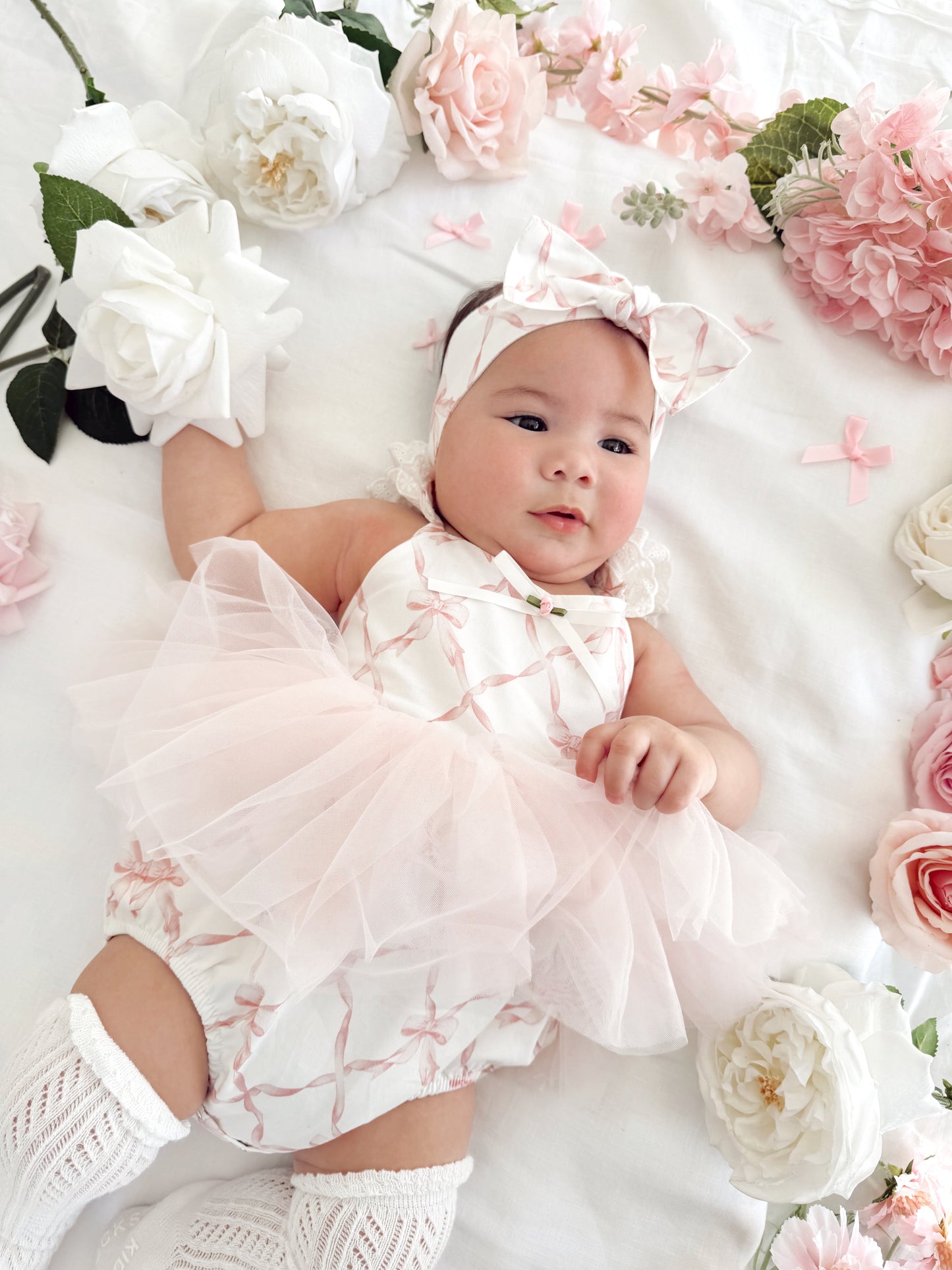 Rosette Pink Bow Baby Girl Tulle Party Romper