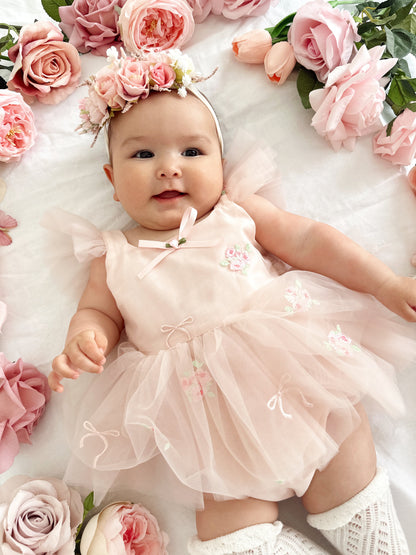 Belle Bow Perfect Pink Embroidered Baby Girl Tulle Party Romper