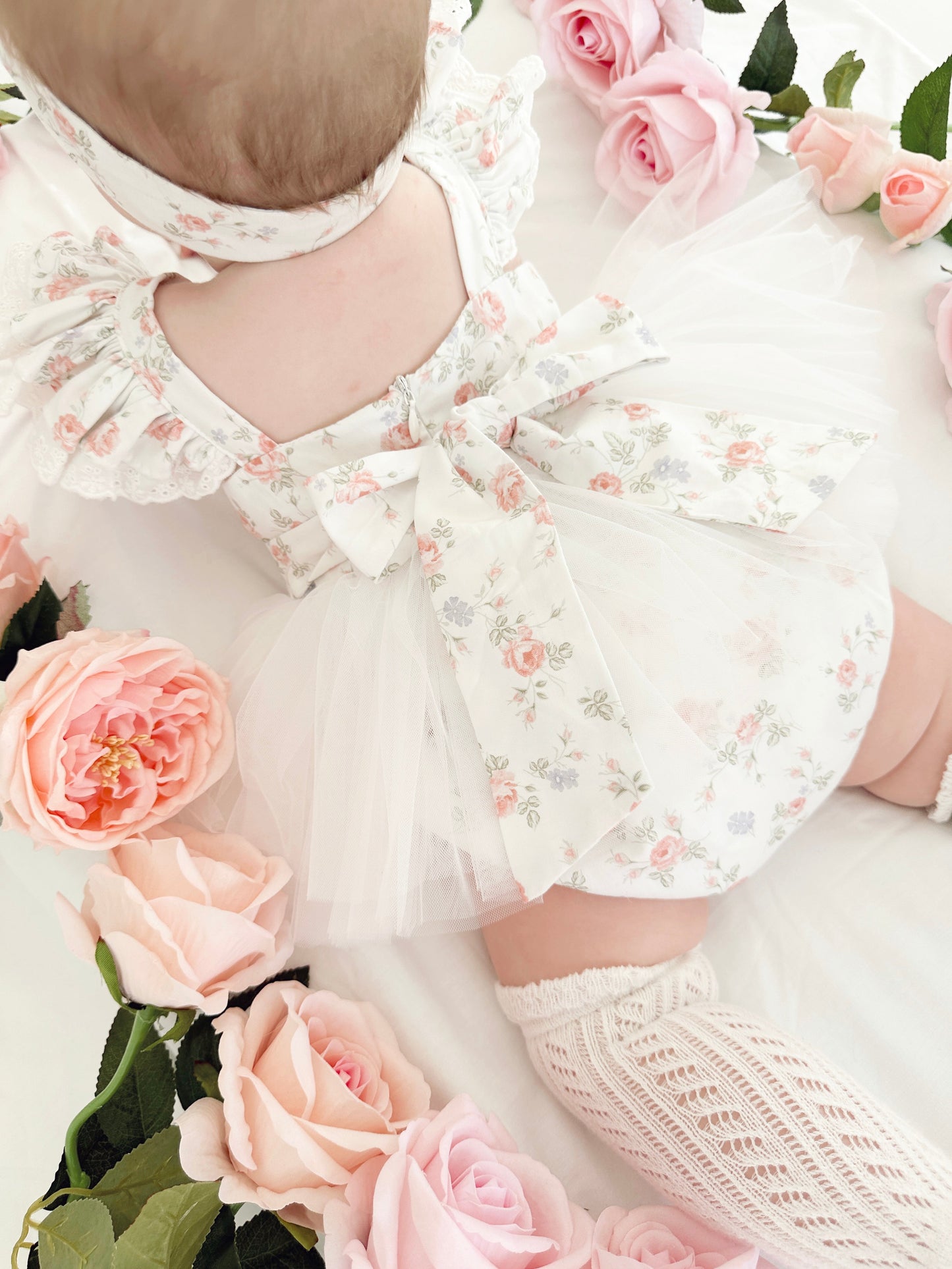 Cottage Fairy Baby Girl Floral White Tulle Party Romper
