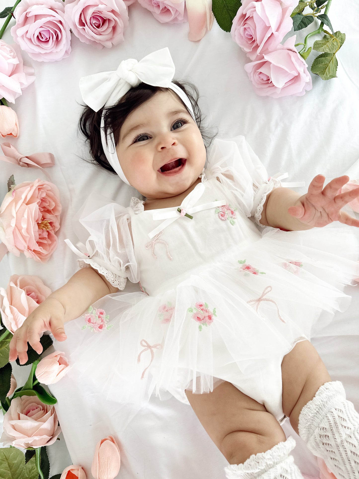 Fleur Butterfly Embroidered Baby Girl White Tulle Party Romper