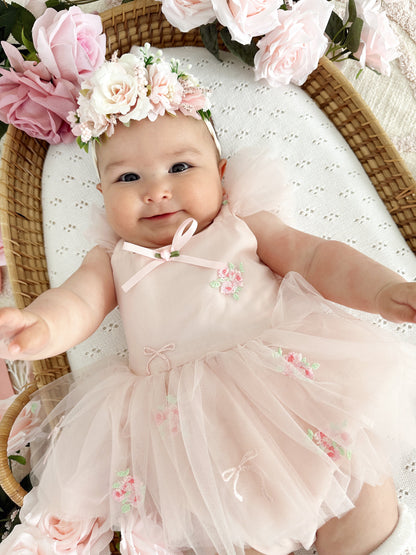 Belle Bow Perfect Pink Embroidered Baby Girl Tulle Party Romper
