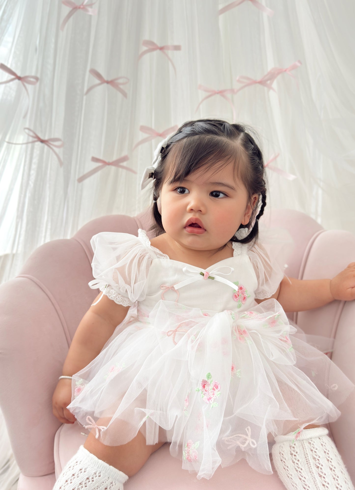 Fleur Butterfly Embroidered Baby Girl White Tulle Party Romper