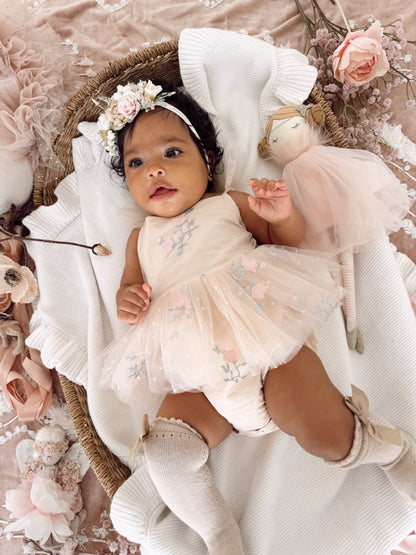 The Rose Champagne Embroidered Baby Girl Tulle Party Romper