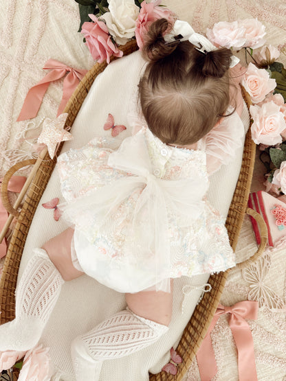 Josephine Lace Blossom Baby Girl Sequin White Tulle Party Romper