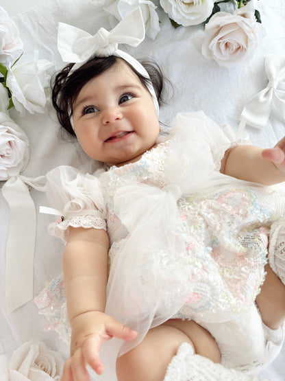 Josephine Lace Blossom Baby Girl Sequin White Tulle Party Romper