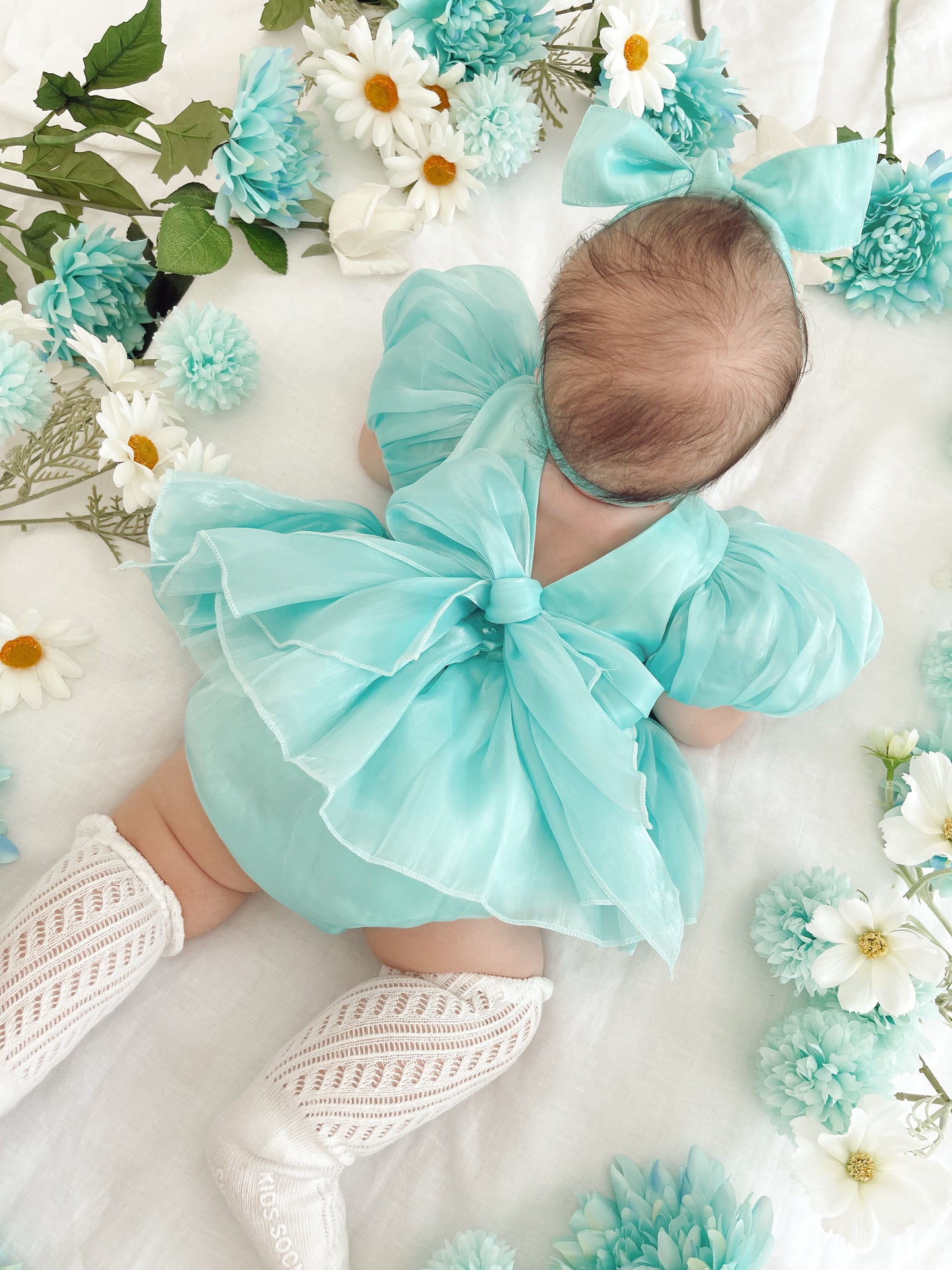 Dolly Turquoise Sky Organza Baby Girl Blue Party Romper