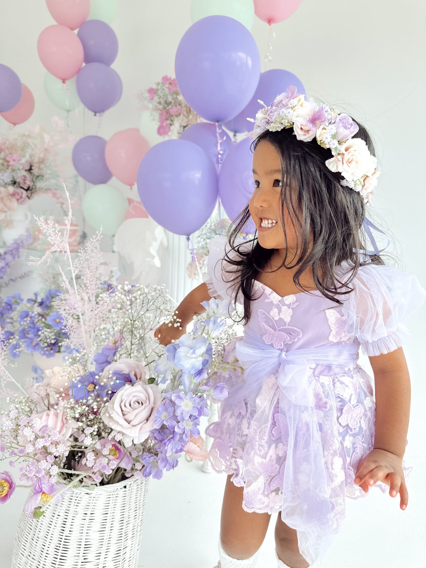 Butterfly Kisses Lilac Pink Rose Embroidered Baby Girl Tulle Party Romper