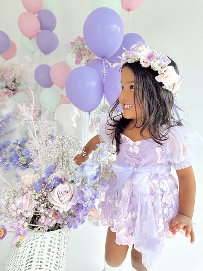 Butterfly Kisses Lilac Pink Rose Embroidered Baby Girl Tulle Party Romper