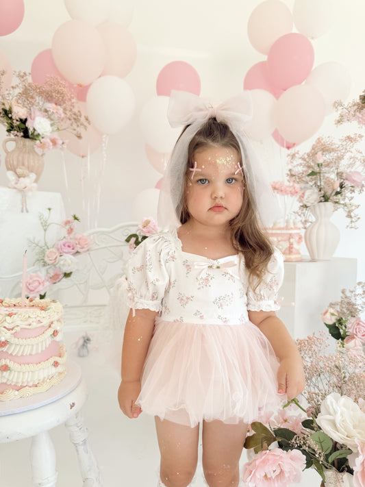 Odessa Flower Perfect Pink Floral Baby Girl Tulle Party Romper
