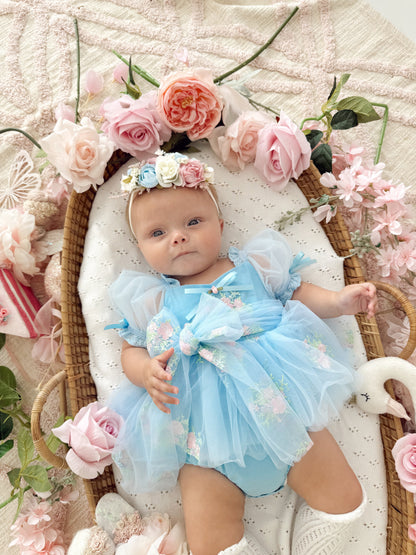 Afina Blue Embroidered Baby Girl Tulle Party Romper
