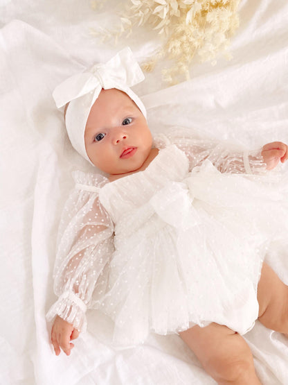 Swiss Dot Bloom White Baby Girl Tulle Romper