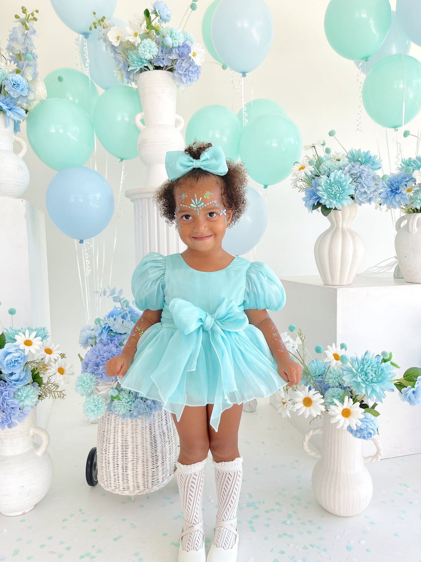 Dolly Turquoise Sky Organza Baby Girl Blue Party Romper