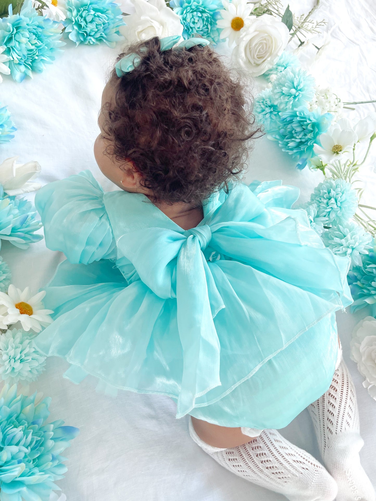 Dolly Turquoise Sky Organza Baby Girl Blue Party Romper